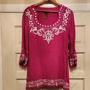 MULTIPLES FUSCIA HOT PINK PEASANT TUNIC STYLE Dressy RAYON TOP